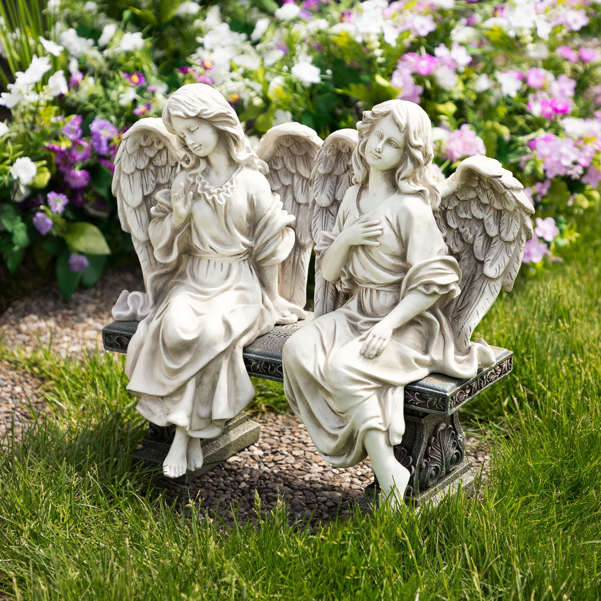 Gray Polyresin Sitting Angel Garden Statues Set of Two