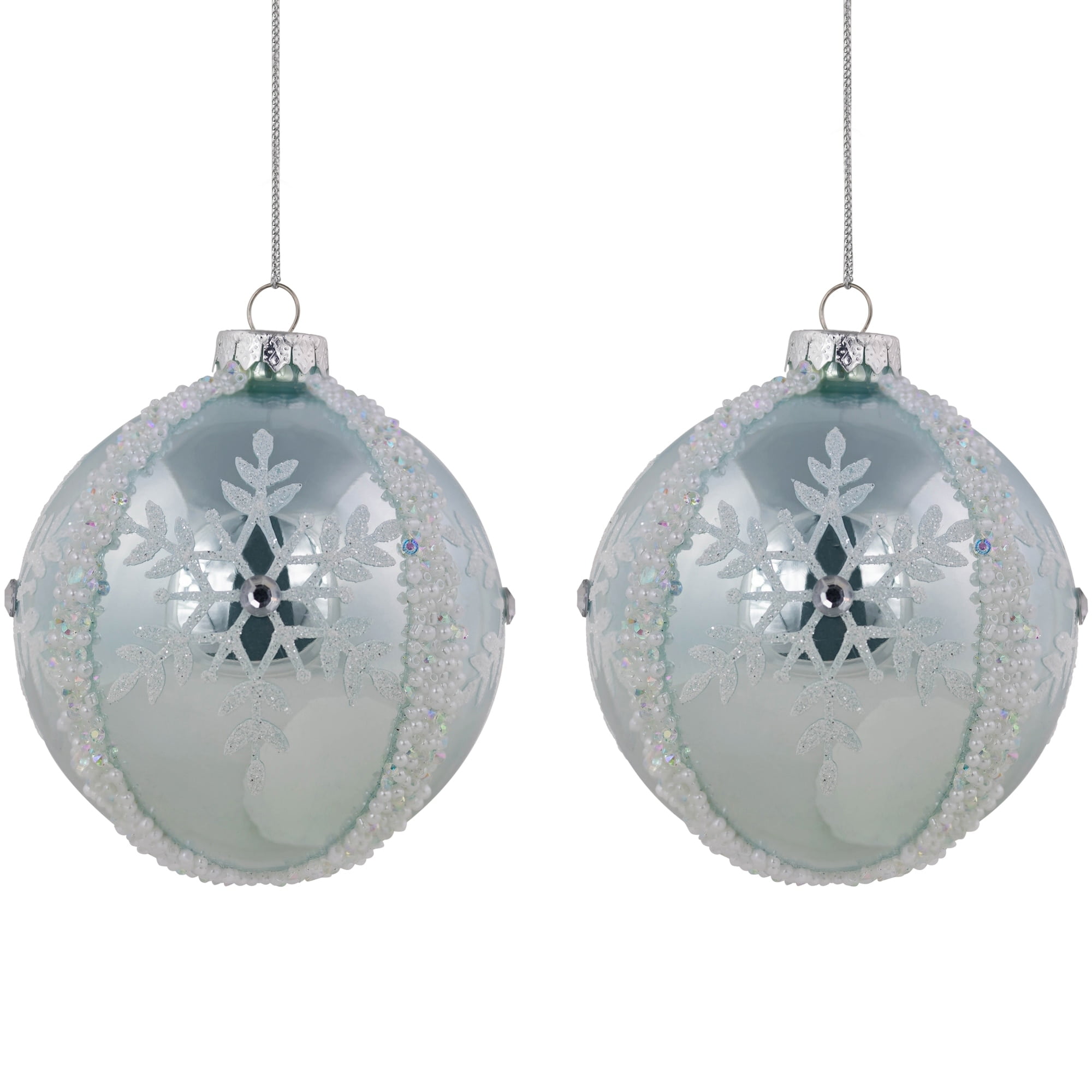 Northlight Set of 2 Sky Blue Glittered and Beaded Snowflake Glass Christmas Ball Ornaments 4"