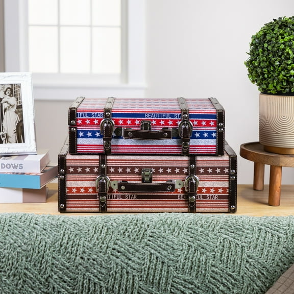 Northlight Vintage-Style Beautiful Star Decorative Luggage Trunks - 17.5" - Red White and Blue - Set