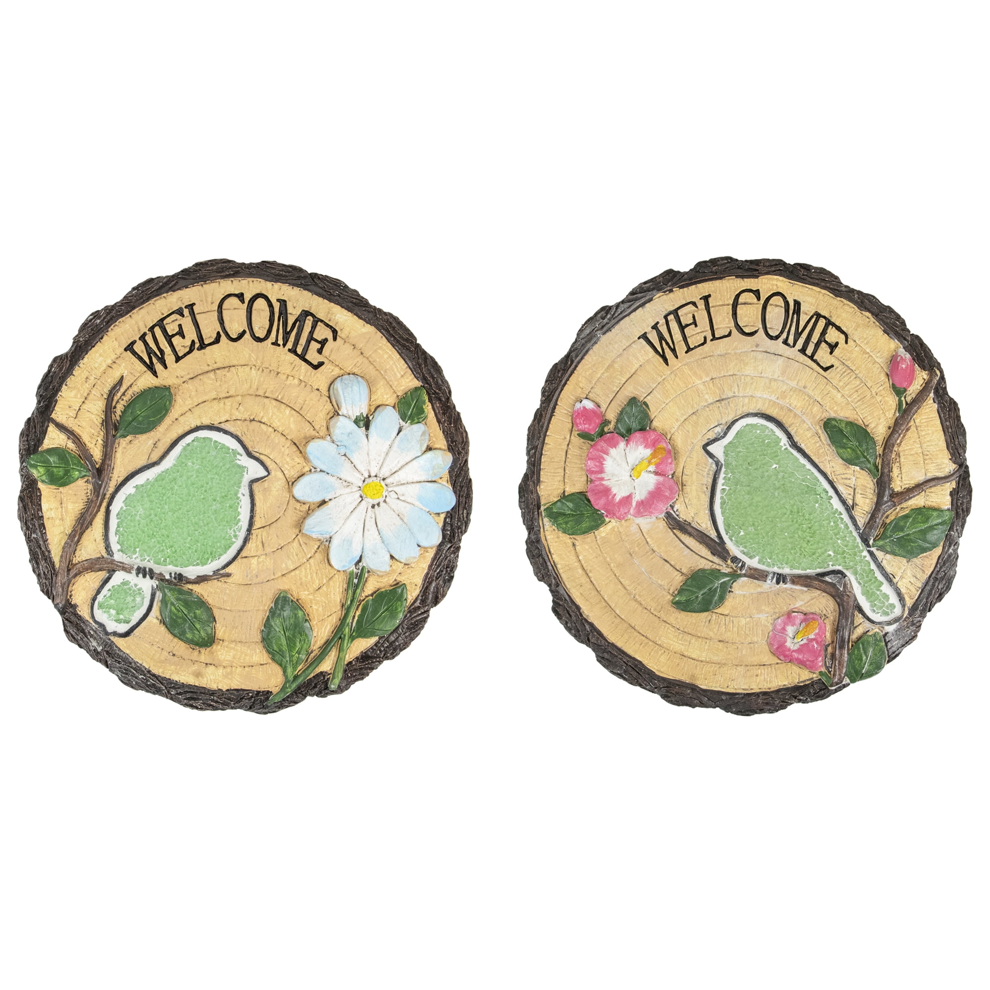 Set of 2 Green Bird and Flower Faux Wood Garden Stones