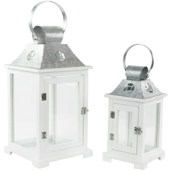 Northlight Wooden Candle Lanterns with Galvanized Metal Tops - 19.5" - White - Set of 2