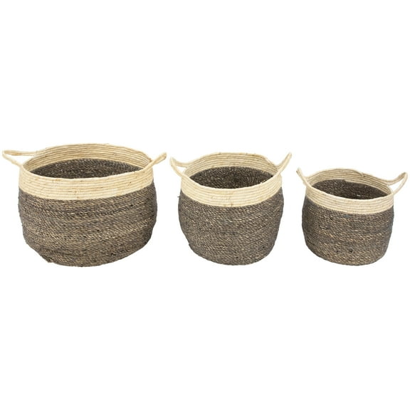 Northlight Set of 3 Beige and Brown Woven Seagrass Storage Baskets with Built-in Handles 13.25"