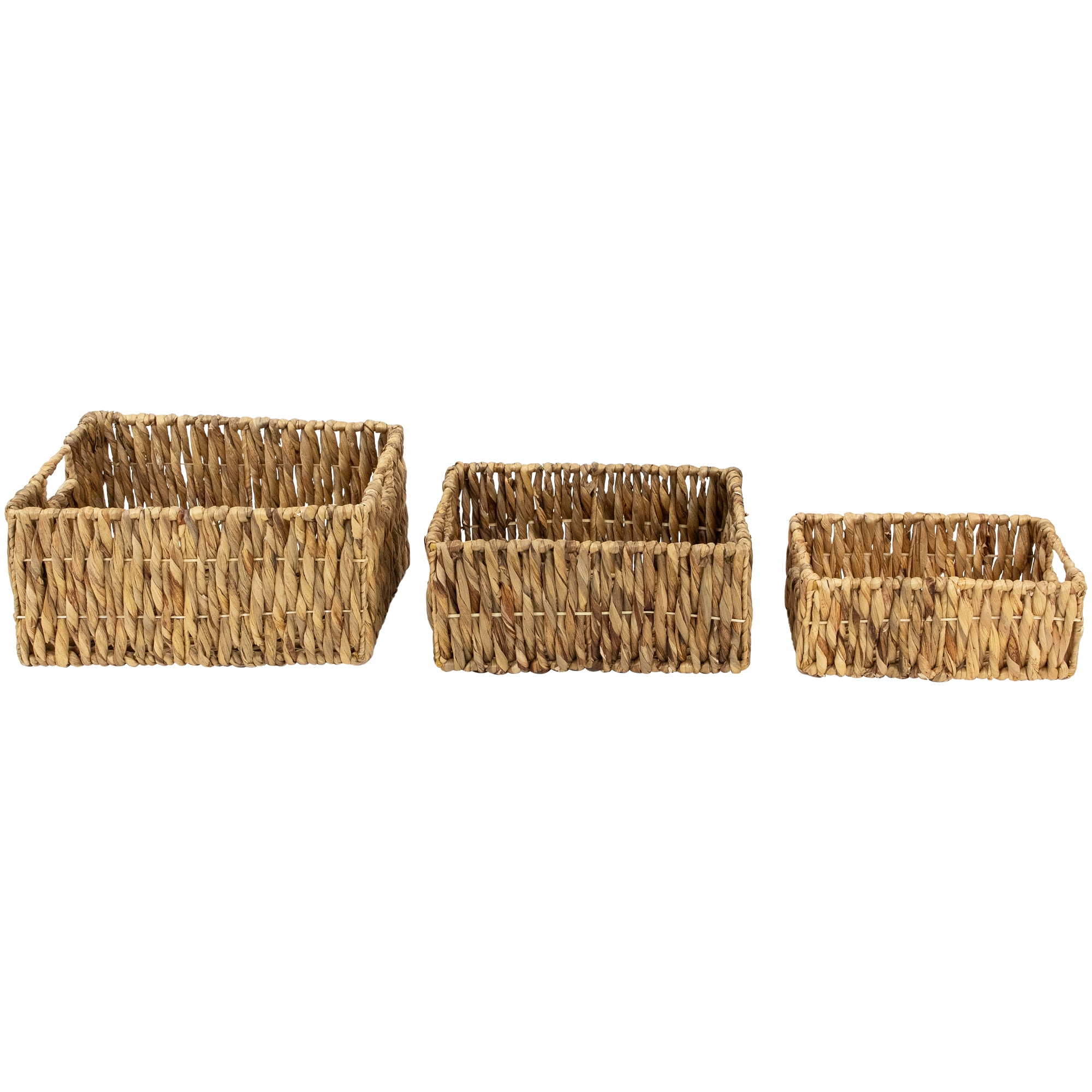 Set of 3 Brown Water Hyacinth Woven Storage Baskets with Built-in Handles