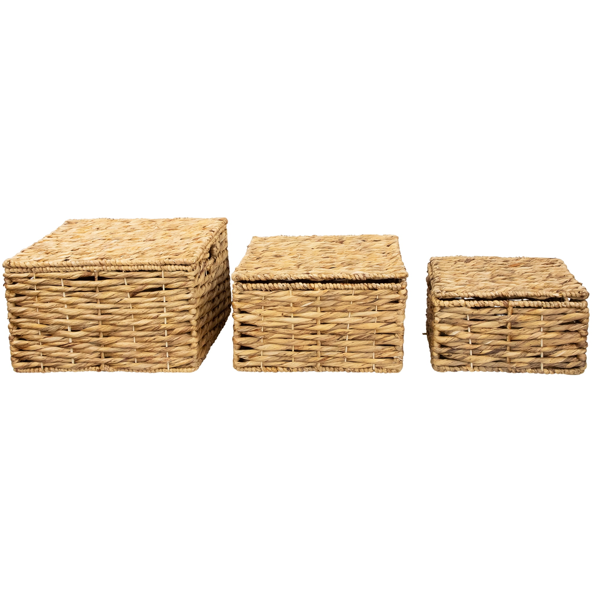 Camel Beige Woven Water Hyacinth Lidded Storage Baskets Set of 3