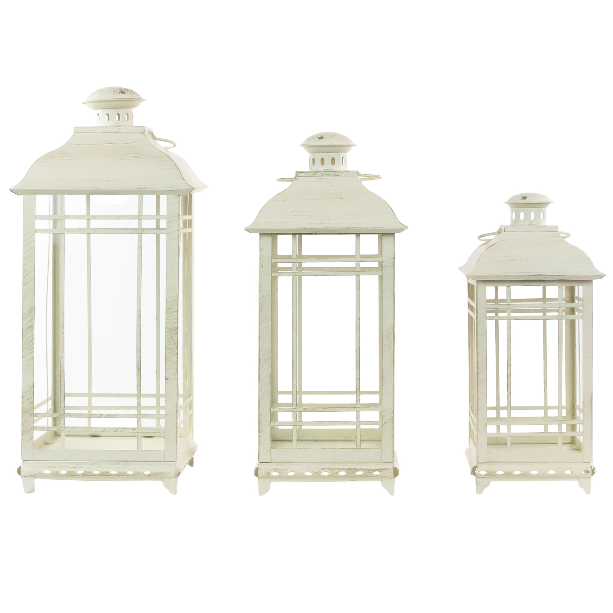 Set of 3 Cream Metal Candle Lanterns with Brushed Gold Accents