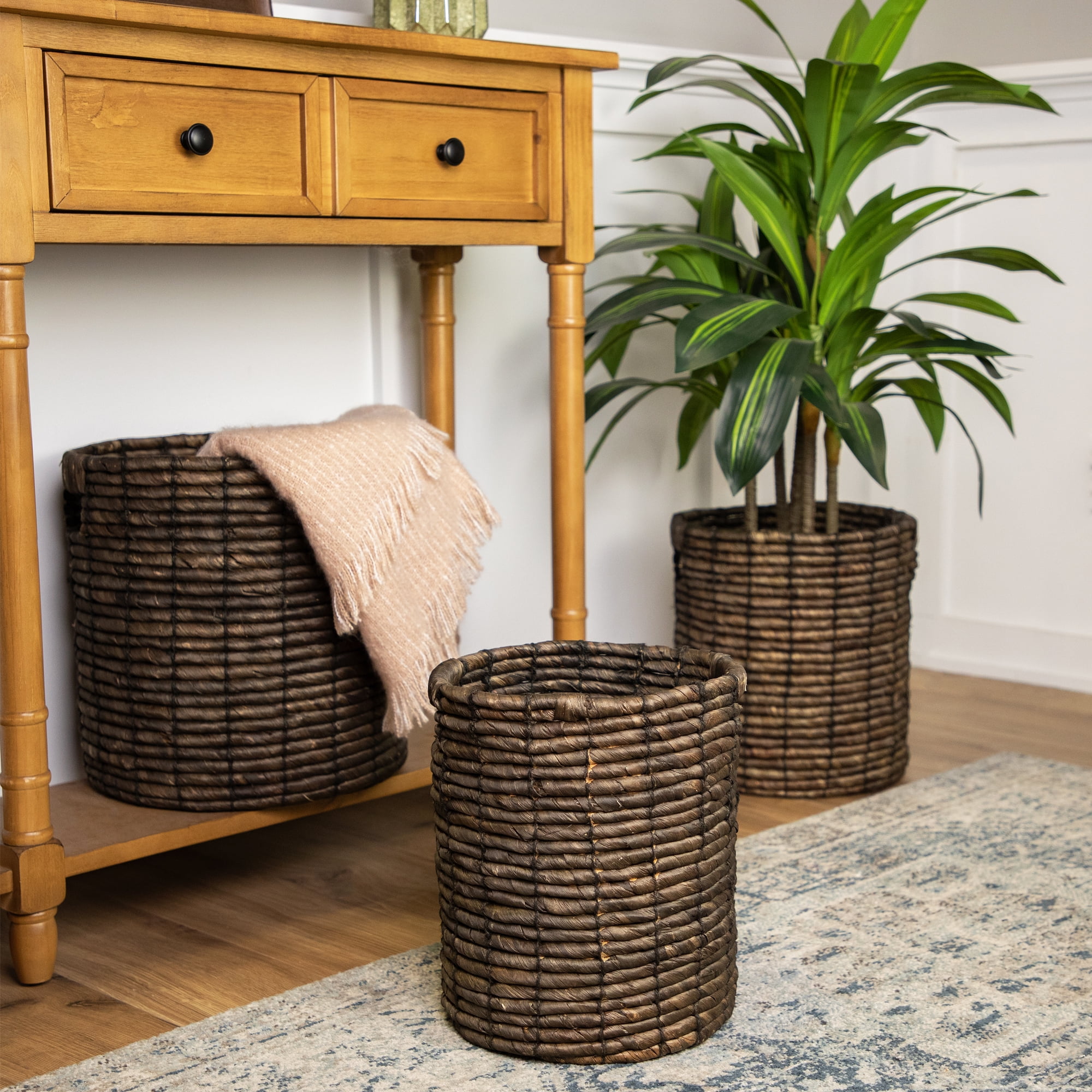 Dark Brown Round Seagrass Storage Baskets Set