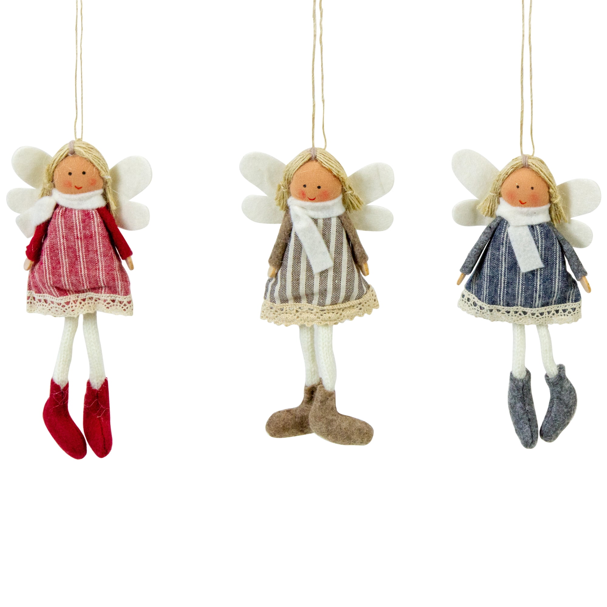 Set of 3 Hanging Angel Doll Christmas Ornaments with Striped Dresses