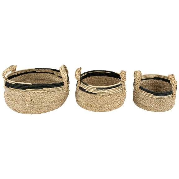 Northlight Set of 3 Khaki and Black Braid Weave Seagrass Storage Baskets with Handles 13.75"