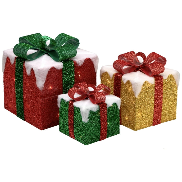 Northlight Set of 3 LED Lighted Green, Gold and Red Snowy Gift
