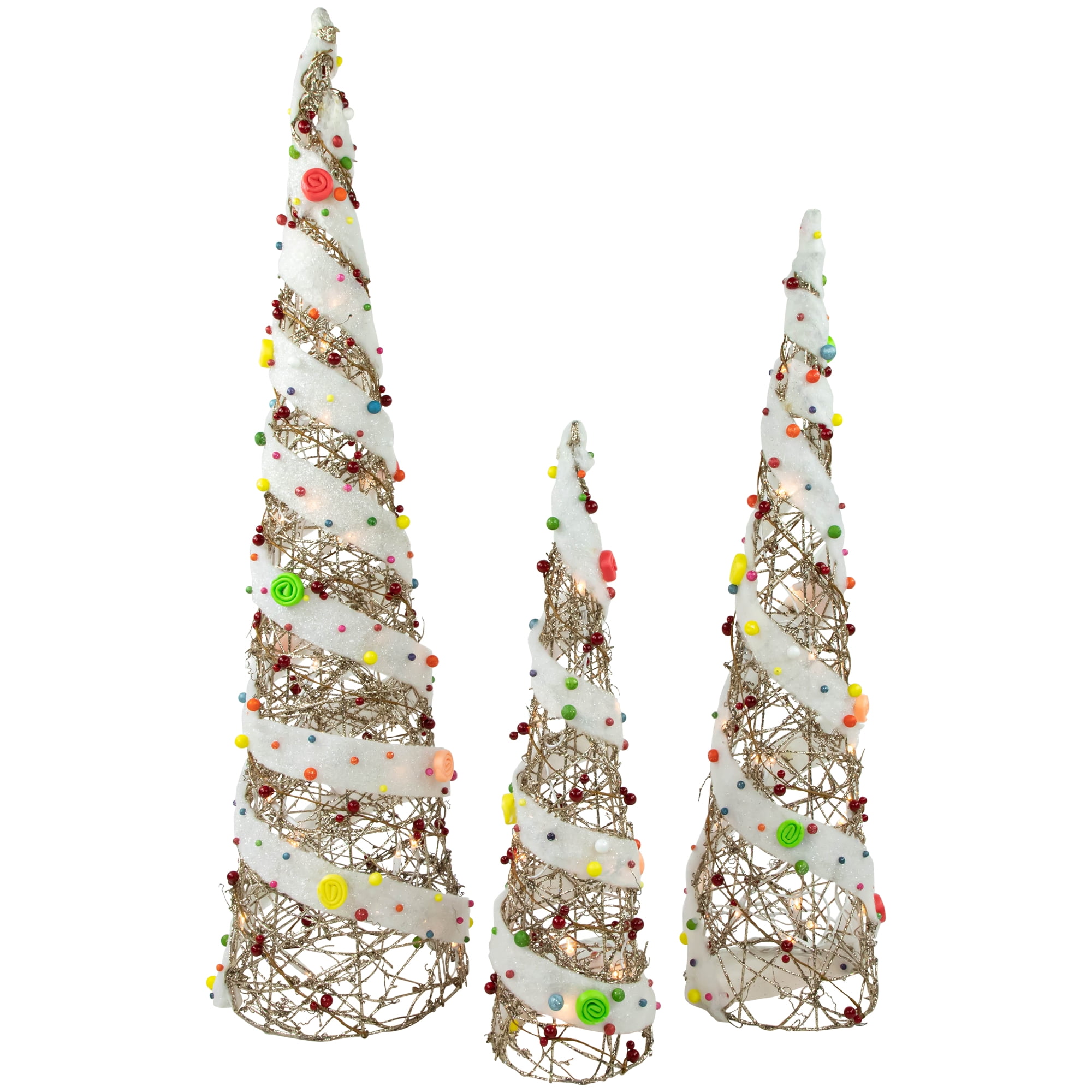 Northlight Set of 3 Lighted Champagne Gold Candy Covered Cone Tree ...