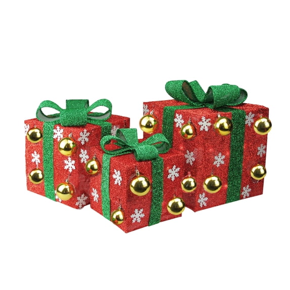 Northlight Set of 3 Lighted Red Tinsel Gift Boxes with Gold Ornaments Outdoor Christmas Decorations