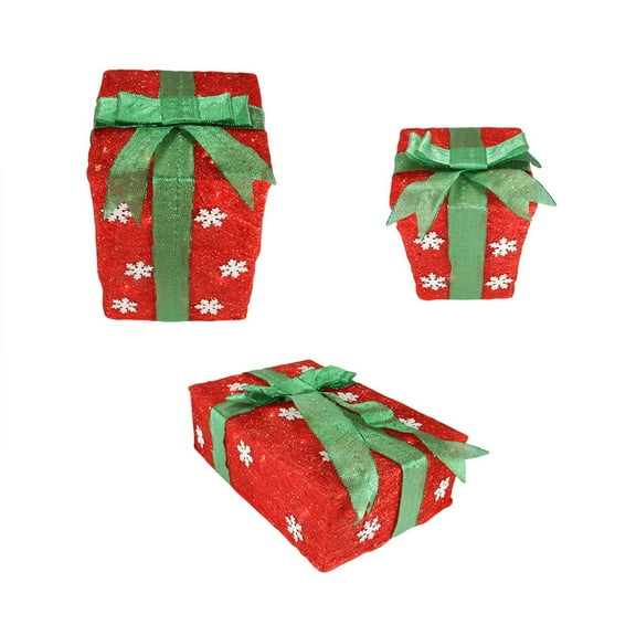 Northlight Set of 3 Lighted Red with Green Bows and Snowflakes Gift Boxes Outdoor Christmas
