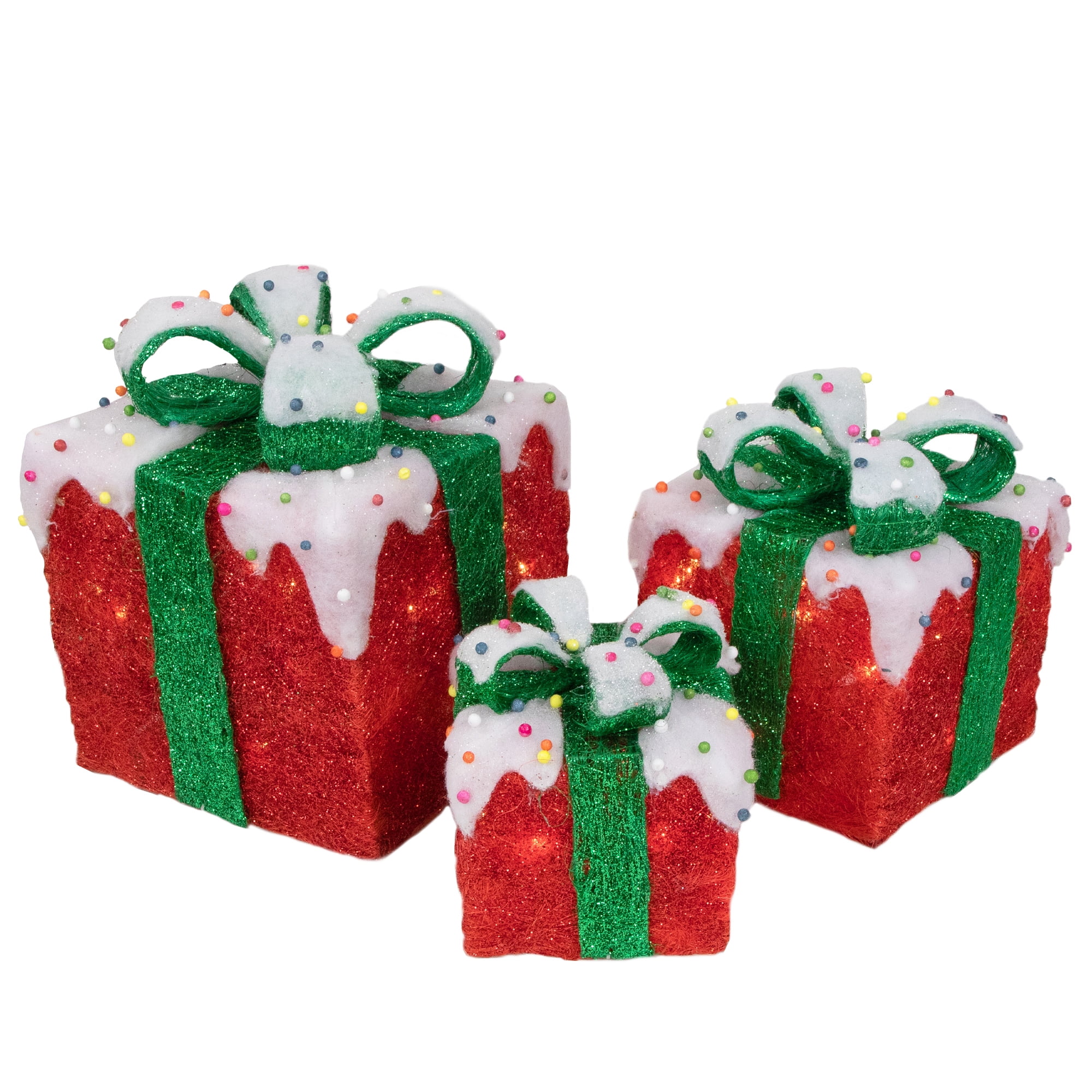 Northlight Set of 3 Lighted Snow and Candy Covered Sisal Gift Boxes ...