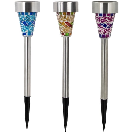 Northlight Set of 3 Mosaic Stained Glass Solar Powered LED Pathway Markers, 15.5"