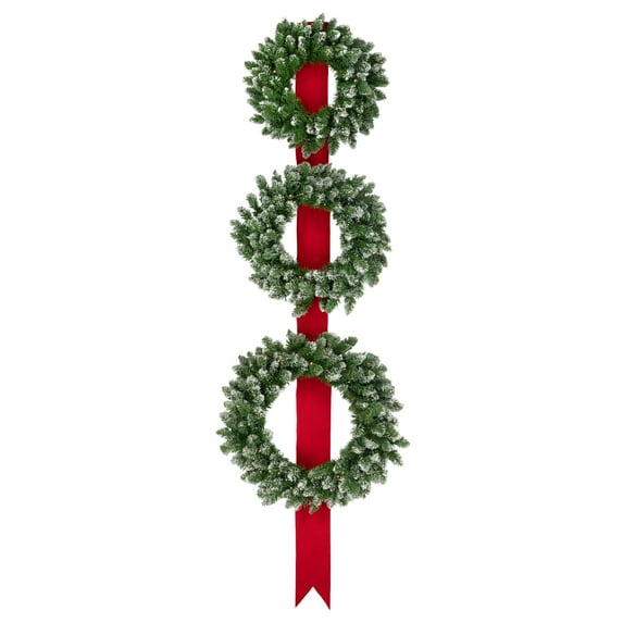Northlight Set of 3 Pre-Lit B/O Flocked Wreaths on Red Ribbon Christmas Decoration 6.5'