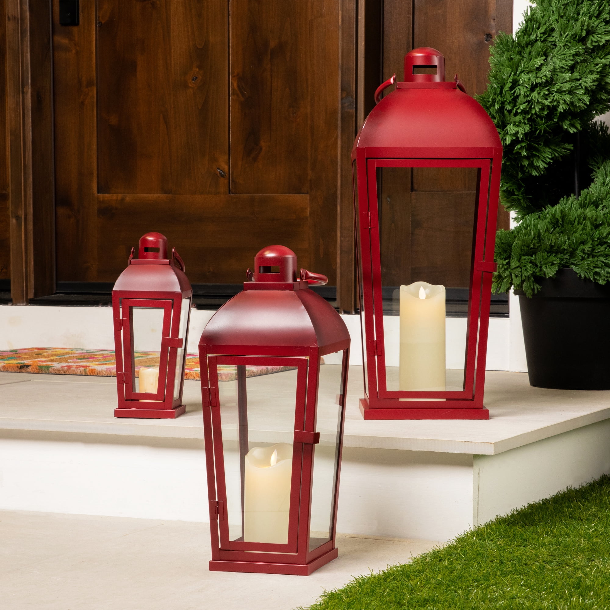 Northlight Vintage Style Metal Candle Lanterns - 23.5" - Red - Set of 3 ...