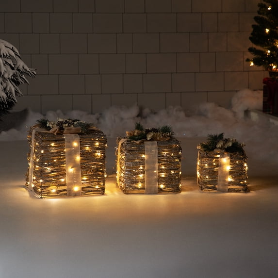 Northlight Set of 3 Silver LED Rattan Christmas Gift Boxes With Pine Cones