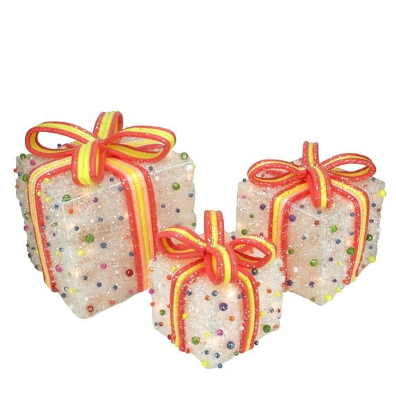 Northlight Set of 3 White Lighted Gift Boxes with Bows and Candy Christmas Outdoor Decor 11"
