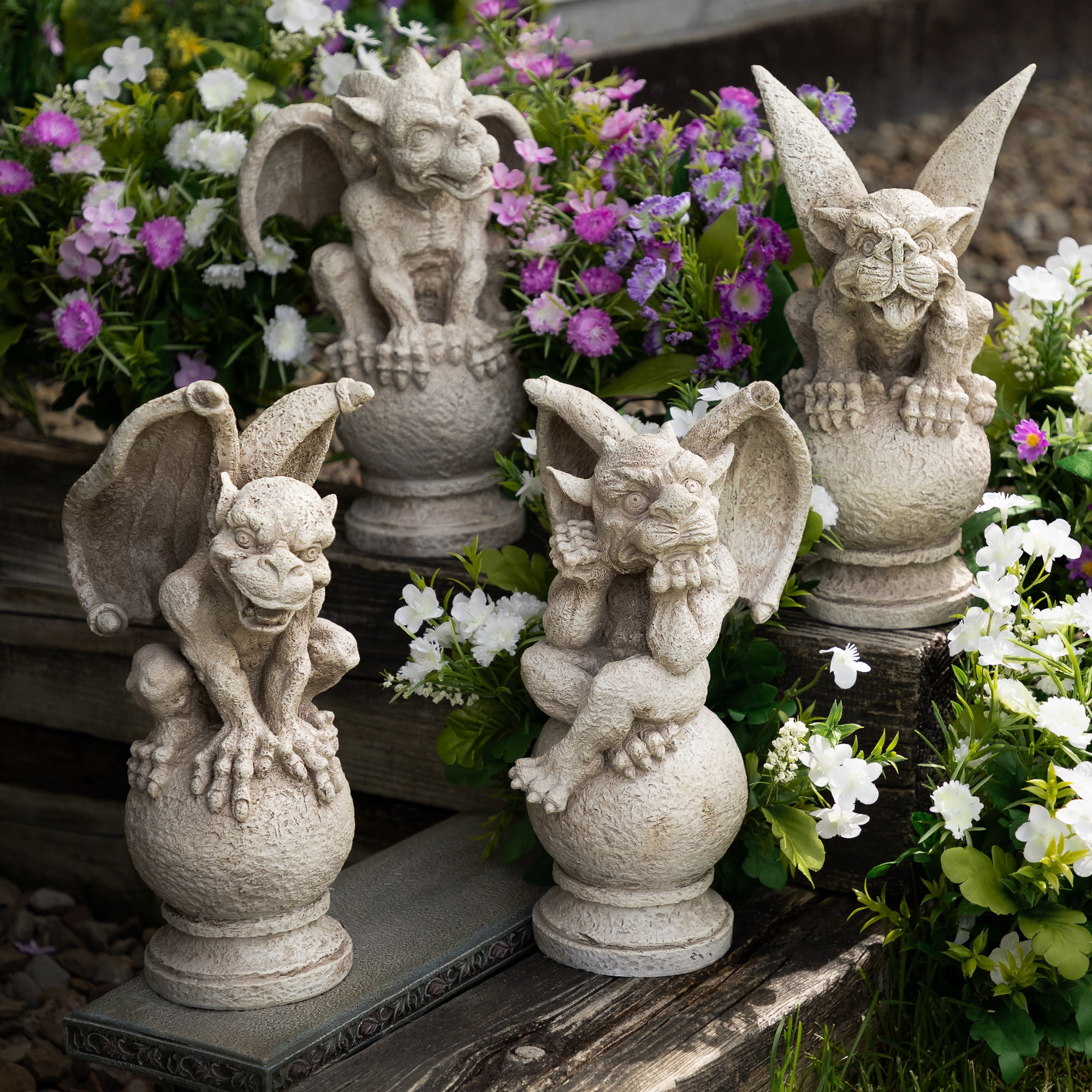 Gray Polyresin Gargoyles on Pedestals Garden Statue Set