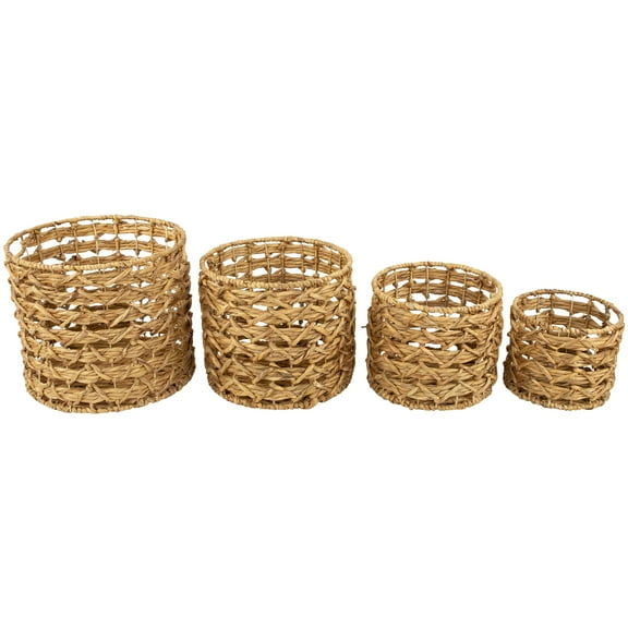 Northlight Set of 4 Open Fishtail Weave Water Hyacinth Storage Baskets with Handles 15.5"
