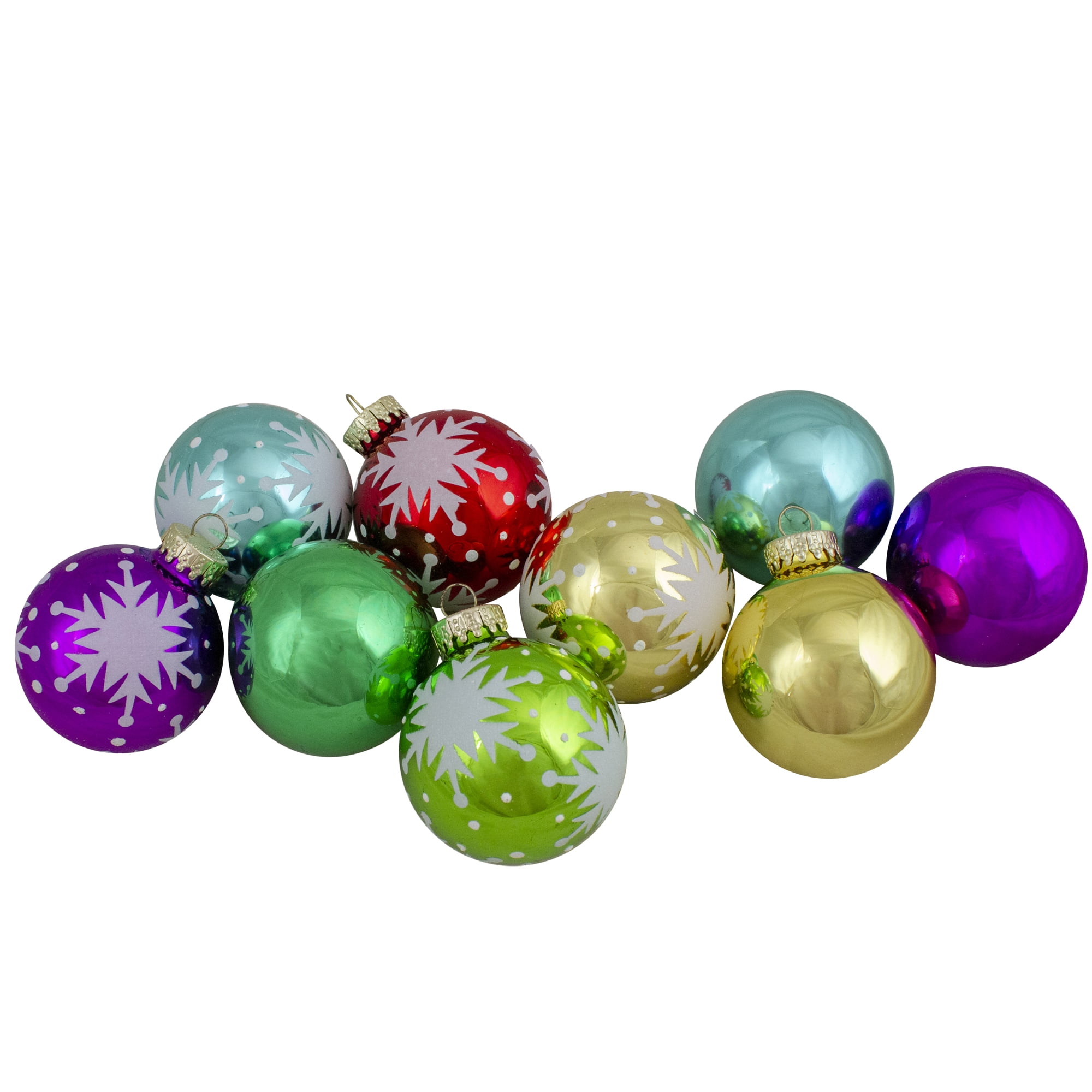 Set of 9 Multicolor Glass Christmas Ball Ornaments with Snowflake Design