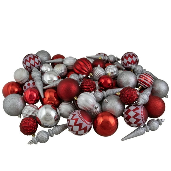 Northlight Shatterproof 3-Finish Christmas Ball and Finial Ornaments - Red and Silver - 75ct