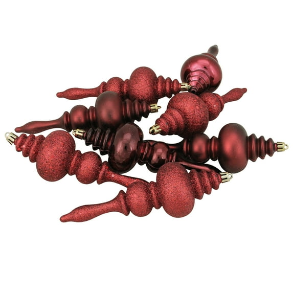 Northlight Shatterproof 4-Finish Finial Christmas Ornaments - 7" - Burgundy Red - 8ct