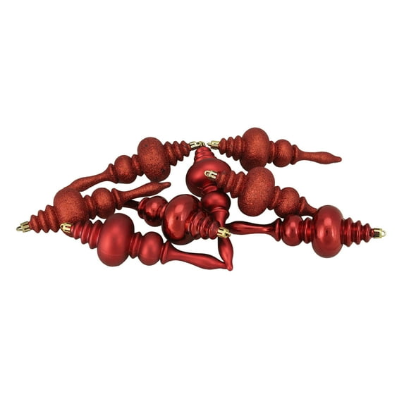 8ct Red Hot Shatterproof 4-Finish Finial Christmas Ornaments 7"