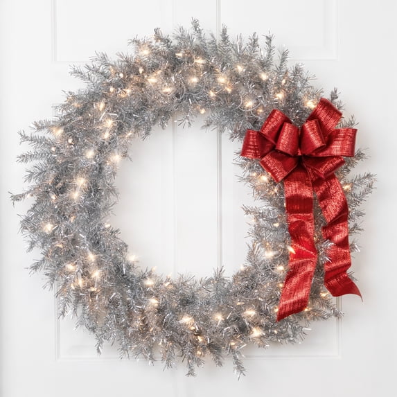 Northlight Silver Tinsel Pre-Lit Artificial Christmas Wreath with Clear Lights