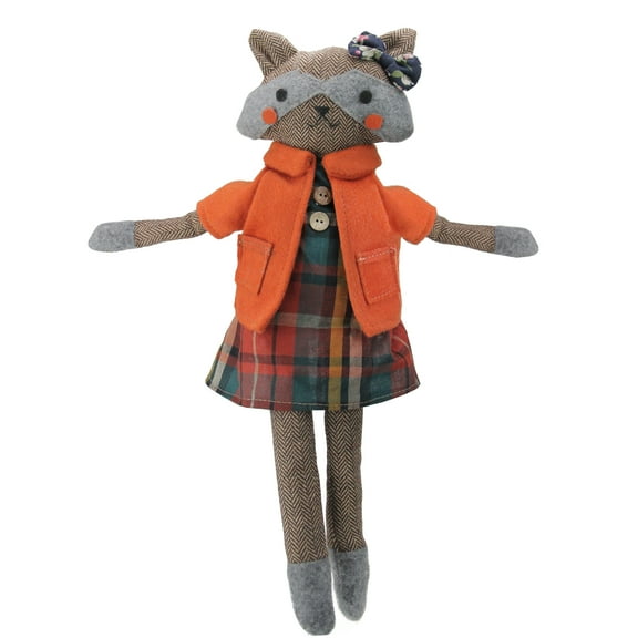 Northlight Sitting Herringbone Designed Fox Girl with Plaid Dress - 17" - Brown and Orange