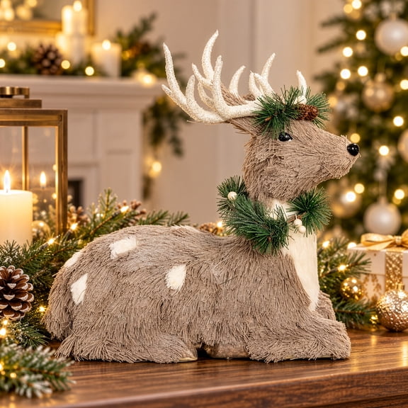 Northlight Sitting Sisal Reindeer with Pine Wreath Christmas Figure - 13.25" - Gray
