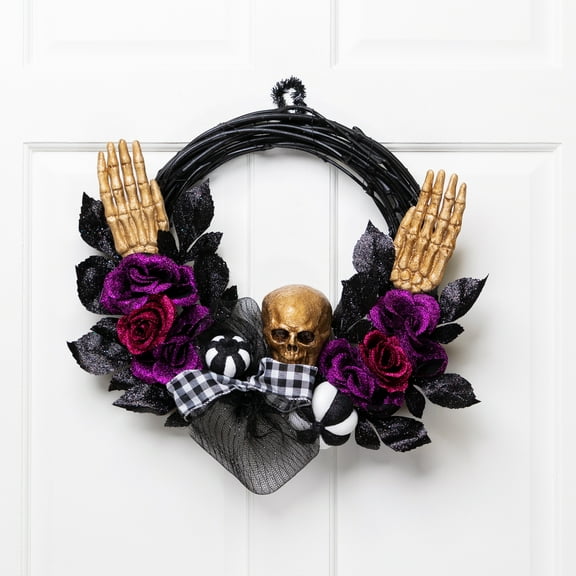 Northlight Skeleton with Glittered Roses Artificial Halloween Twig Wreath - 22" - Unlit