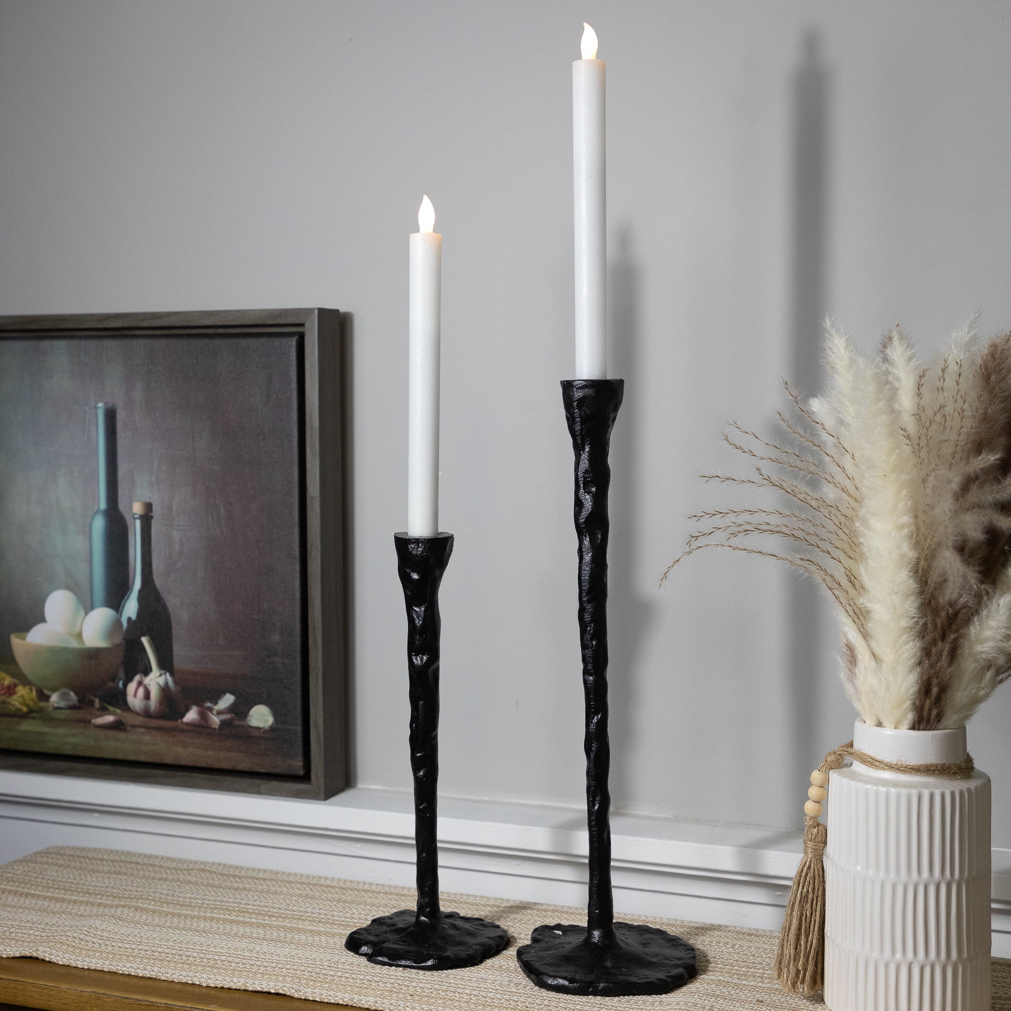Slim Black Hammered Metal Taper Candle Holders Set - 16 inch