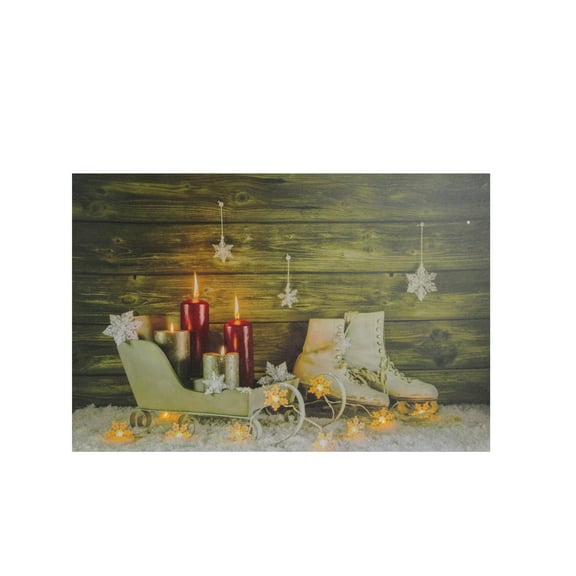 Northlight Small LED Lighted Candles Ice Skates and Sleigh Christmas Canvas Wall Art - 12" x 15.75"