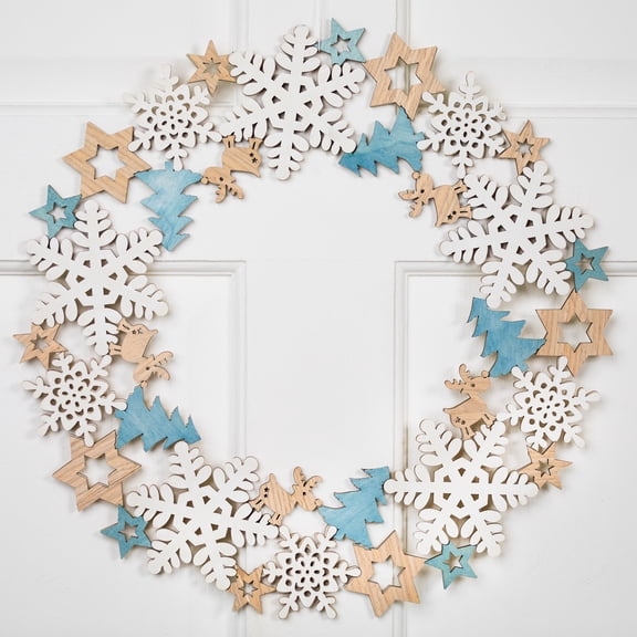 Northlight Snowflakes and Reindeer Small Wooden Christmas Wreath - 15.75" - Unlit