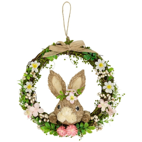 Northlight Spring Floral Easter Wreath with Peering Rabbit - 11" - Green and Pink