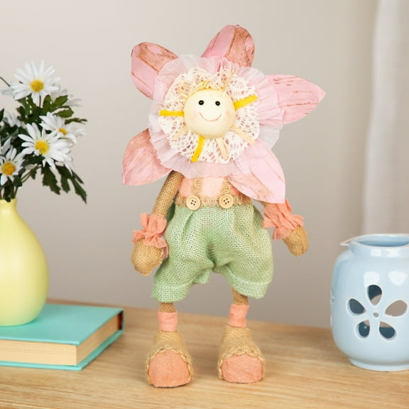 Spring Floral Sitting Sunflower Girl Decorative Figure - 15.5" - Pink and Green