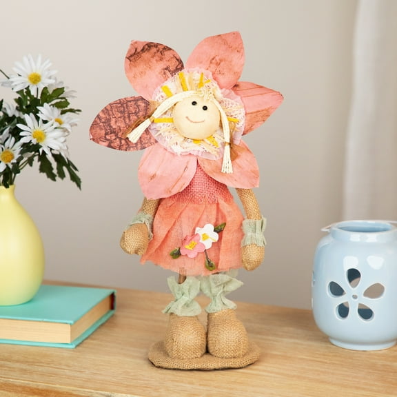 Northlight Spring Floral Standing Sunflower Girl Decorative Figure - 14.5" - Peach and Tan