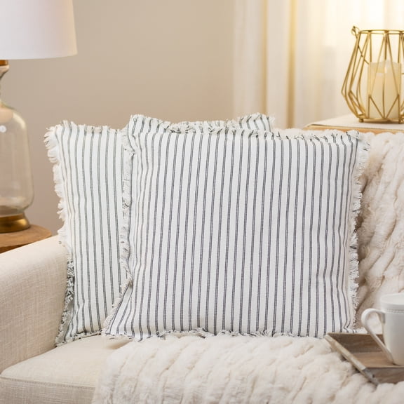 Northlight Square Patterned Cotton Fringed Throw Pillows - 18" x 18" - Grey and White - Set of 2