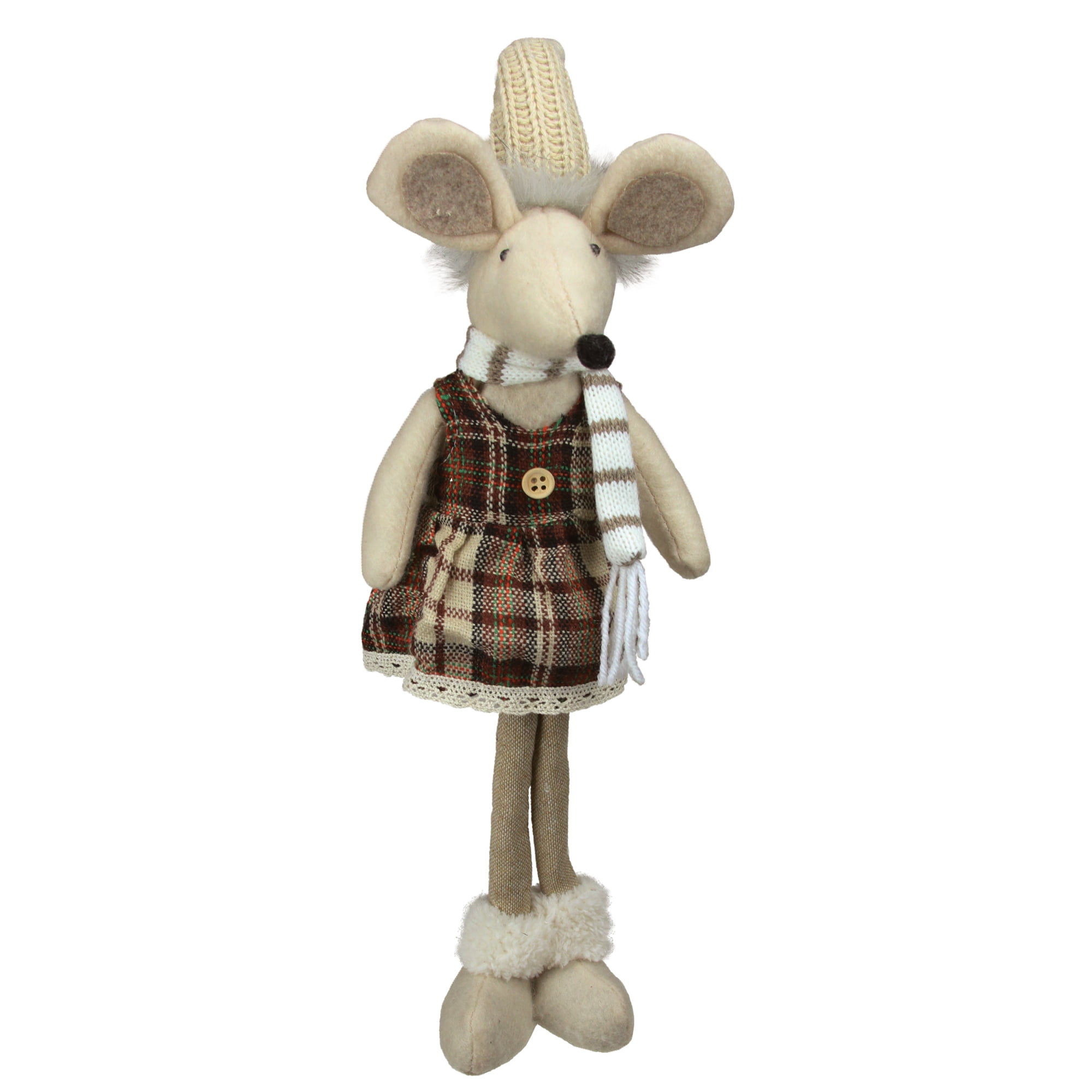 Beige and Brown Standing Girl Mouse Christmas Figurine with Faux Fur