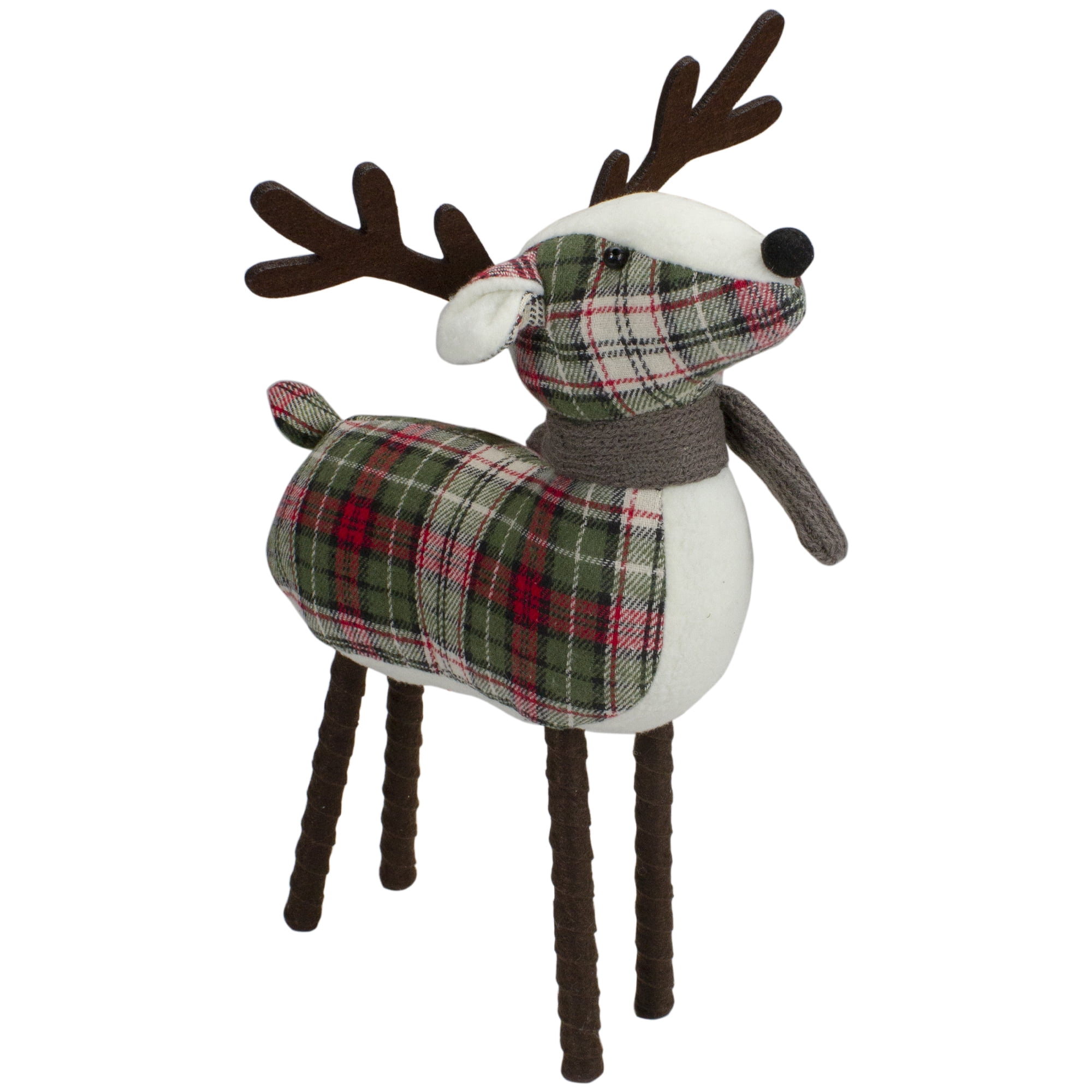 16" Green and Red Plaid Wooden Deer Figurine