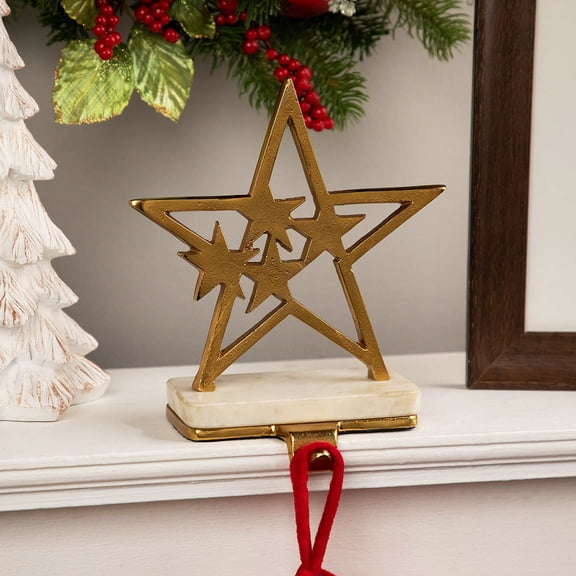 Northlight Star Christmas Stocking Holder with Marble Base - 9" - Gold and White