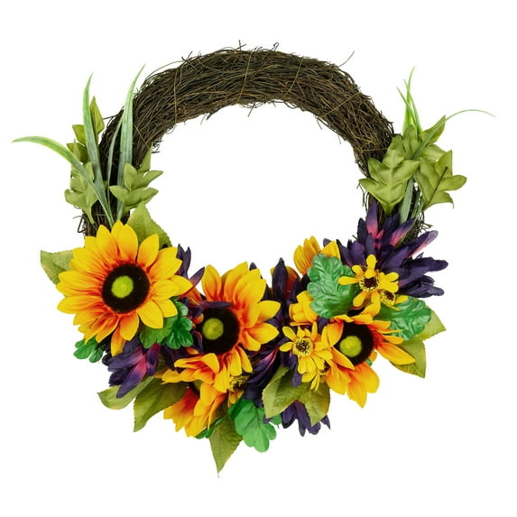 Northlight Sunflower and Mum Twig Autumn Artificial Floral Wreath, 20-Inch
