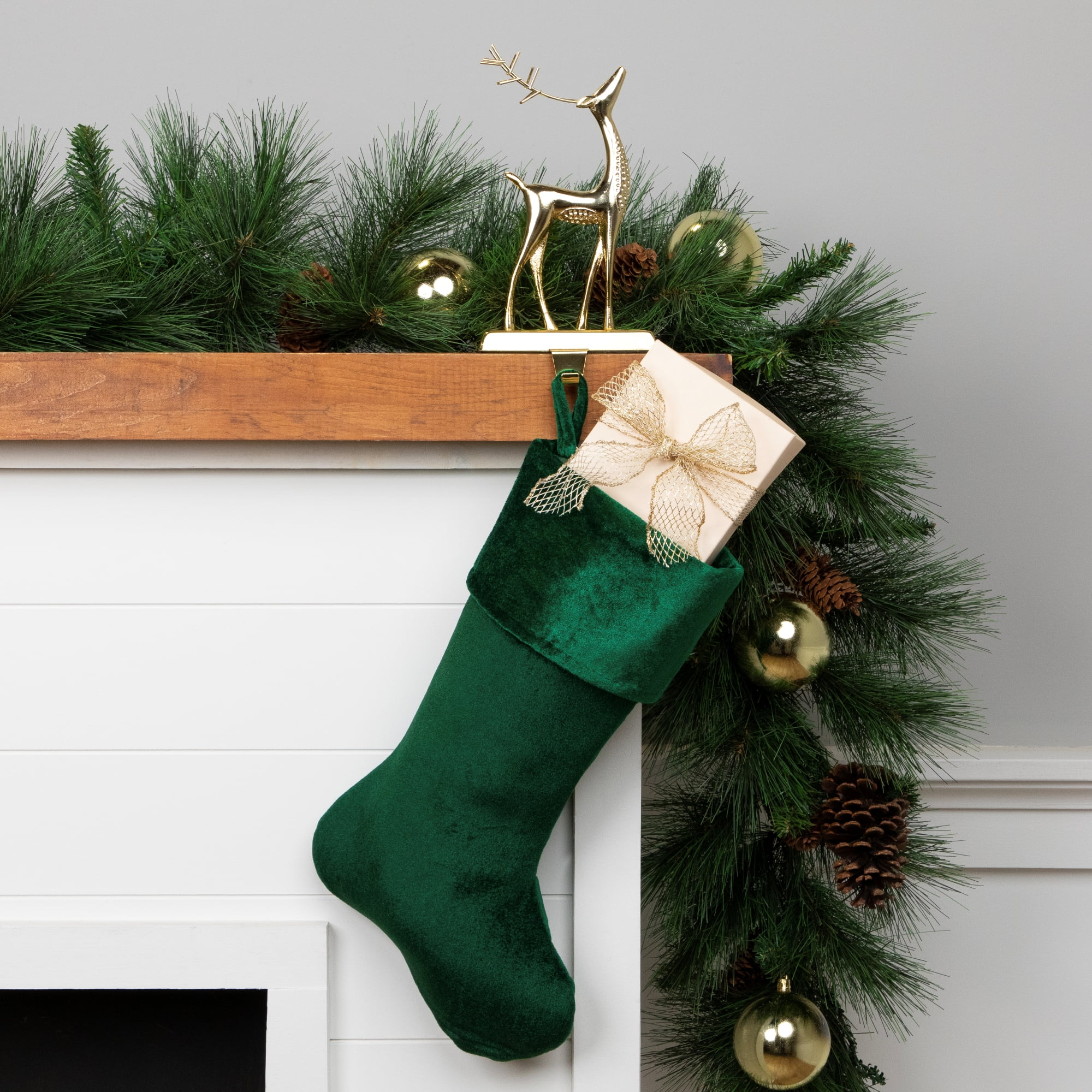 Traditional Green Velvet Christmas Stocking, 19 Inches