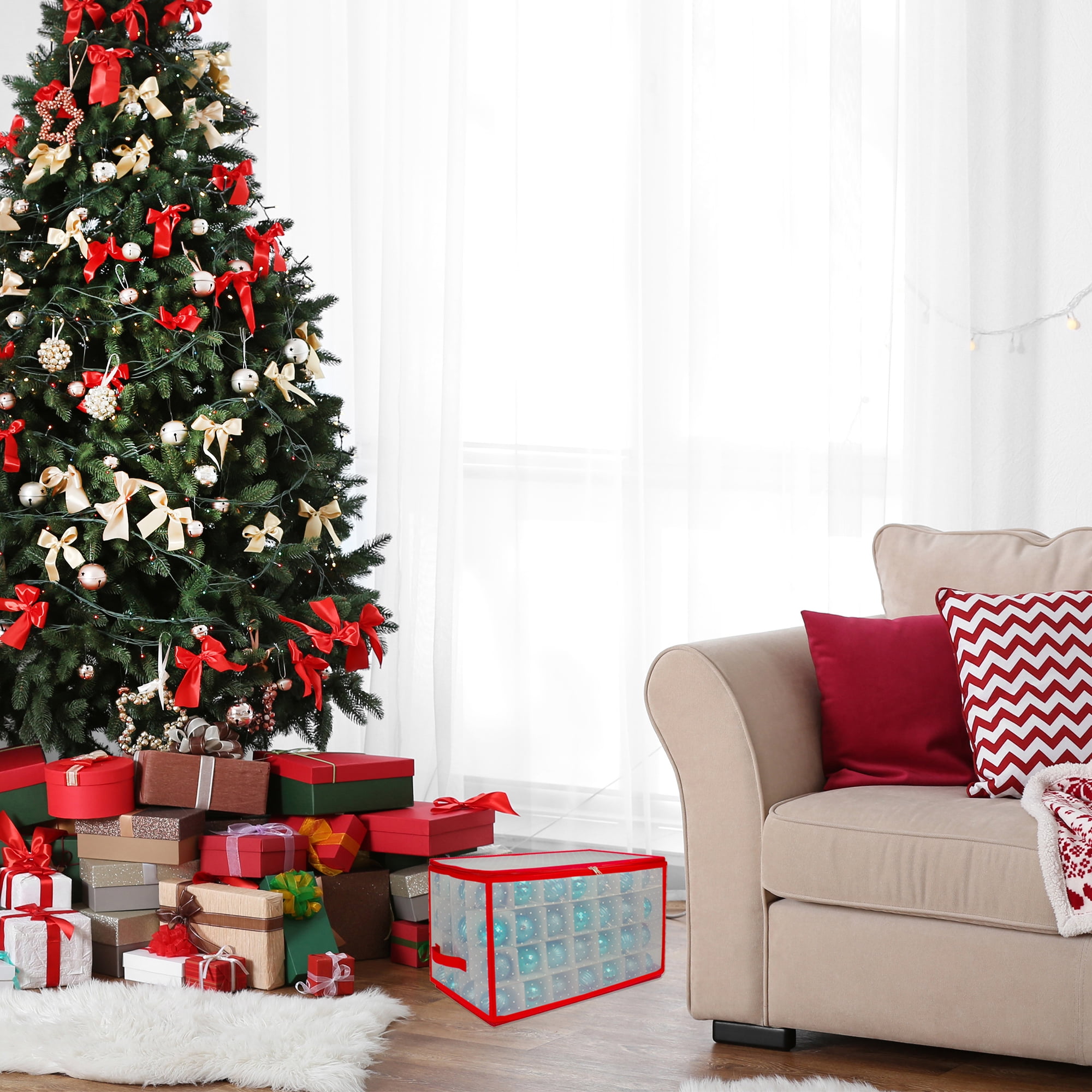 Northlight Transparent Zip Up Christmas Storage Box - 20.5" - Holds 112 Ornaments - Red and Clear