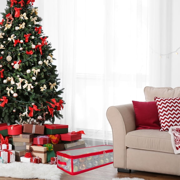 Northlight Transparent Zip Up Christmas Storage Box - 29" - Holds 80 Ornaments - Red and Clear