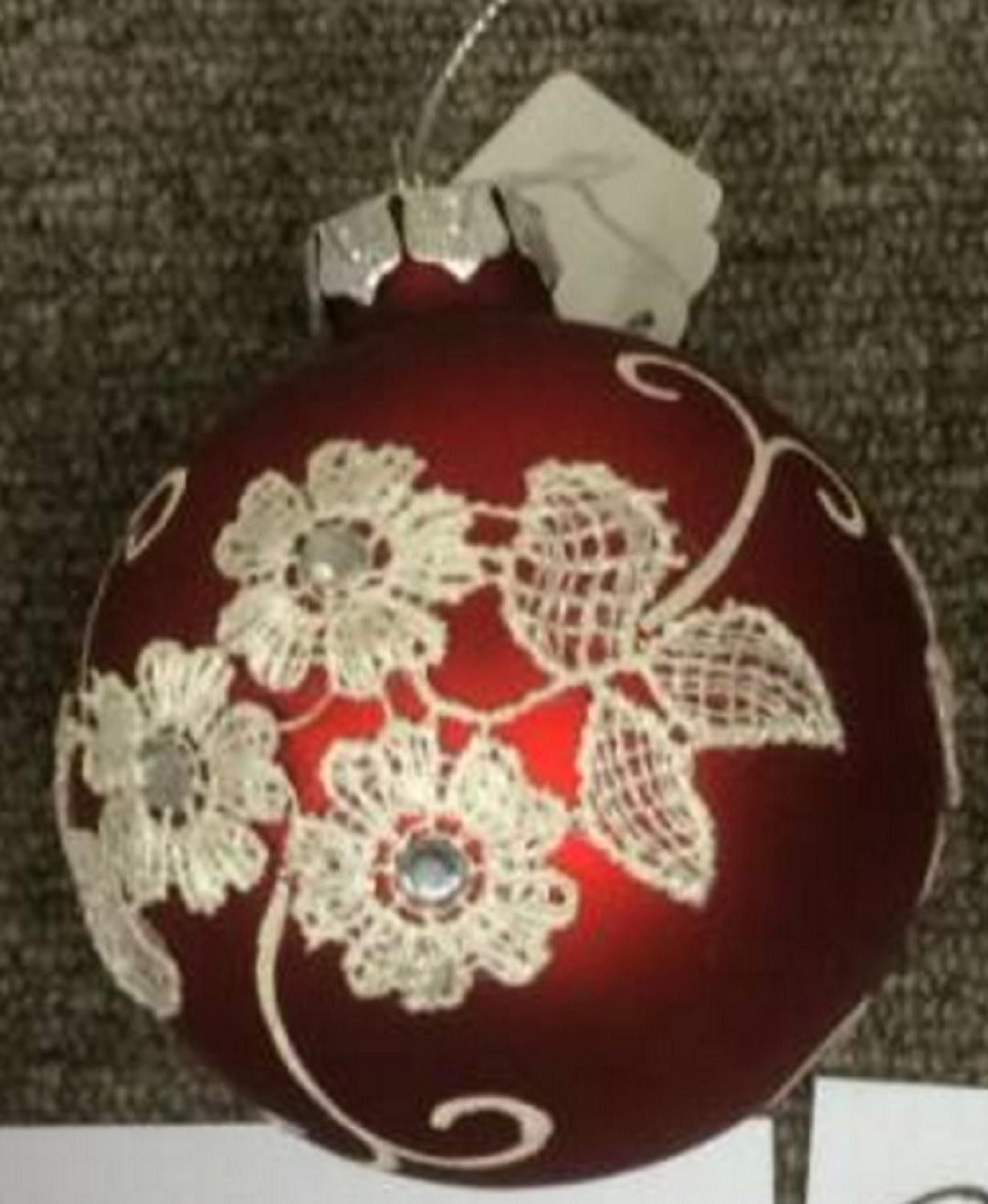Northlight White Floral Pattern on a Red Glass Ornament Set, Glass/Metal Hanger White