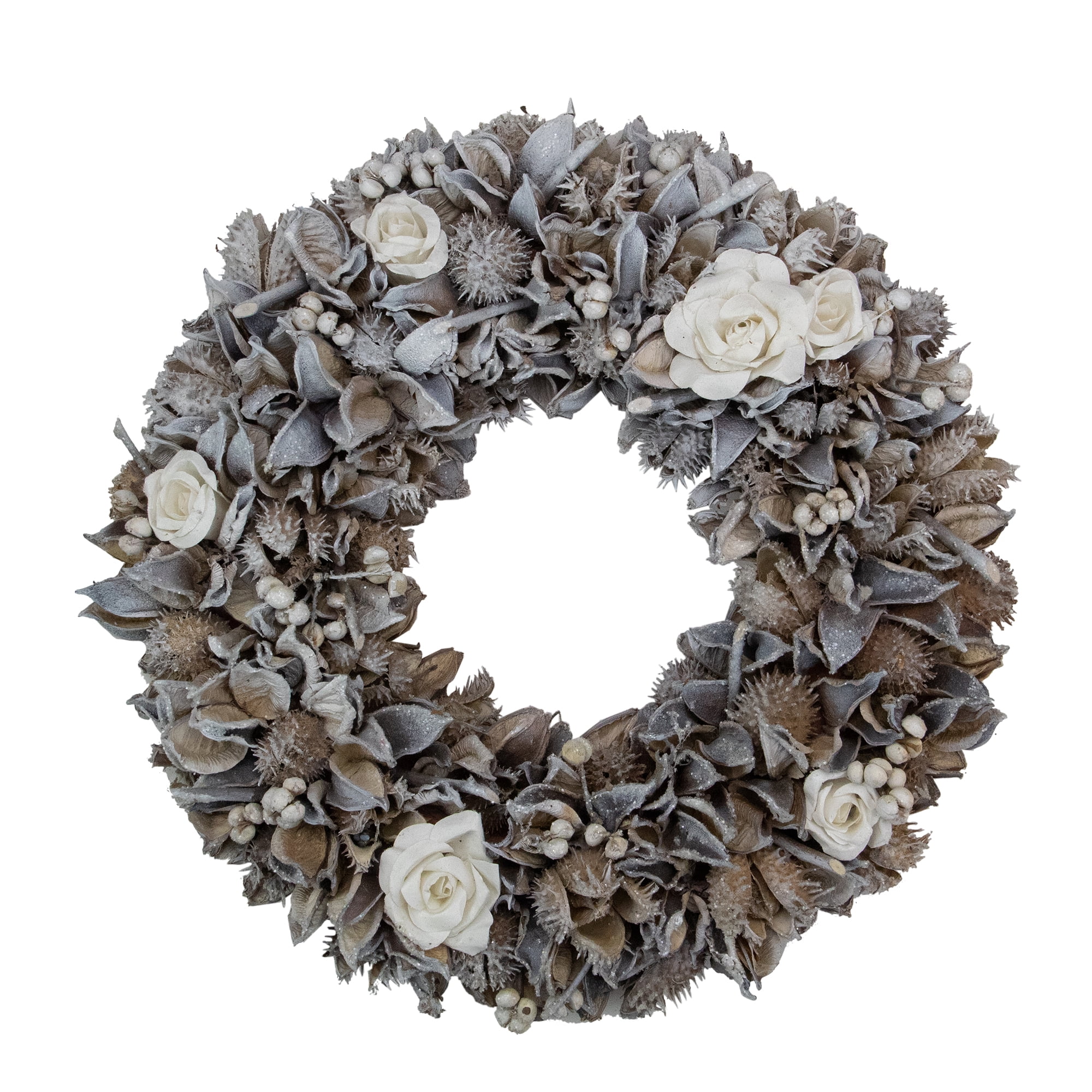 Northlight White Rose and Winter Botanicals Artificial Christmas Wreath, 13.5-Inch, Unlit
