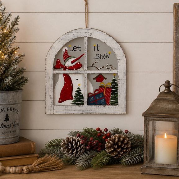Northlight White Rustic "Let It Snow" Snowman Glass Window Scene Christmas Wall Decor