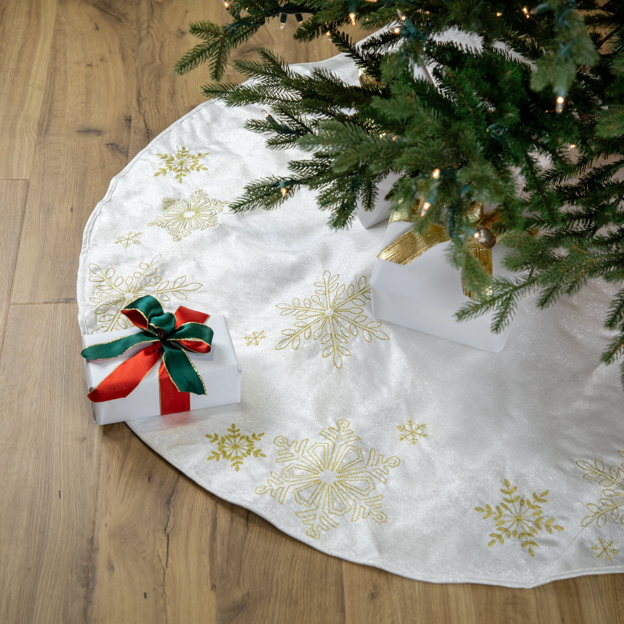 48" White and Gold Embroidered Snowflake Christmas Tree Skirt